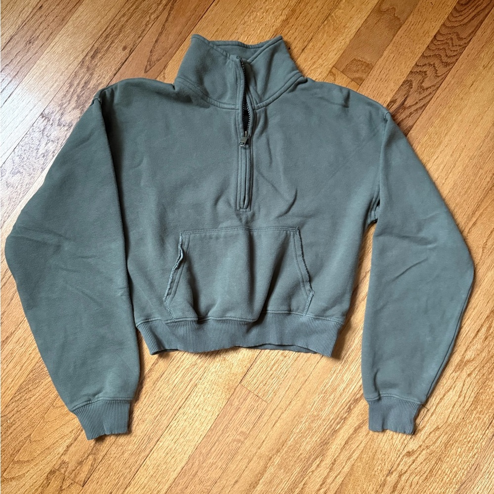American Eagle Outfitters Olive Green cropped, quarter zip sweatshirt
